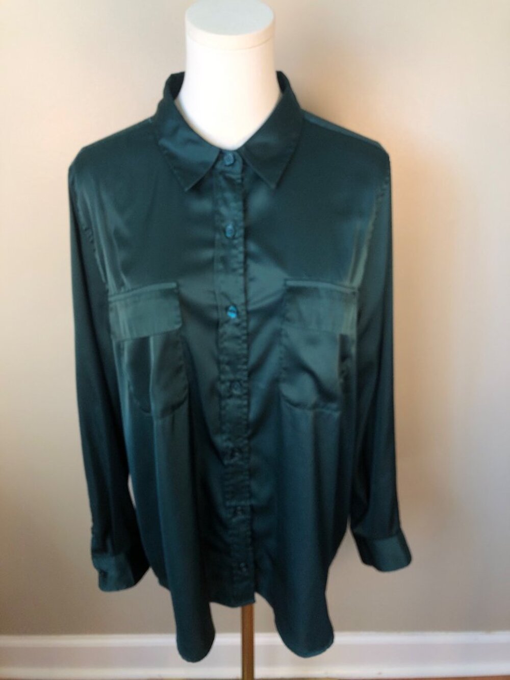 Equipment Stretchy Relaxed Fit Button Front Green Blouse Chic Professional Sz L
